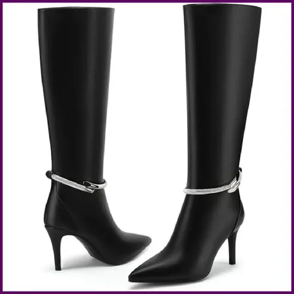 Knee High Stiletto Boots 3.2 Heel Pointed Toe Rhinestone Zipper Dress